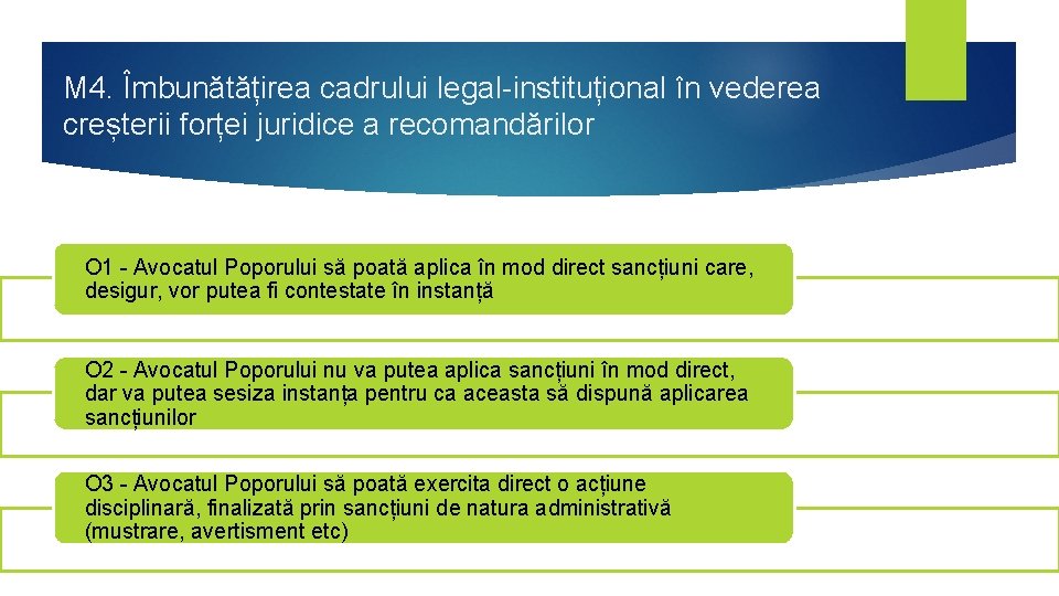 M 4. Îmbunătățirea cadrului legal-instituțional în vederea creșterii forței juridice a recomandărilor O 1