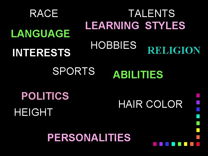 RACE LANGUAGE INTERESTS TALENTS LEARNING STYLES HOBBIES SPORTS POLITICS HEIGHT RELIGION ABILITIES HAIR COLOR