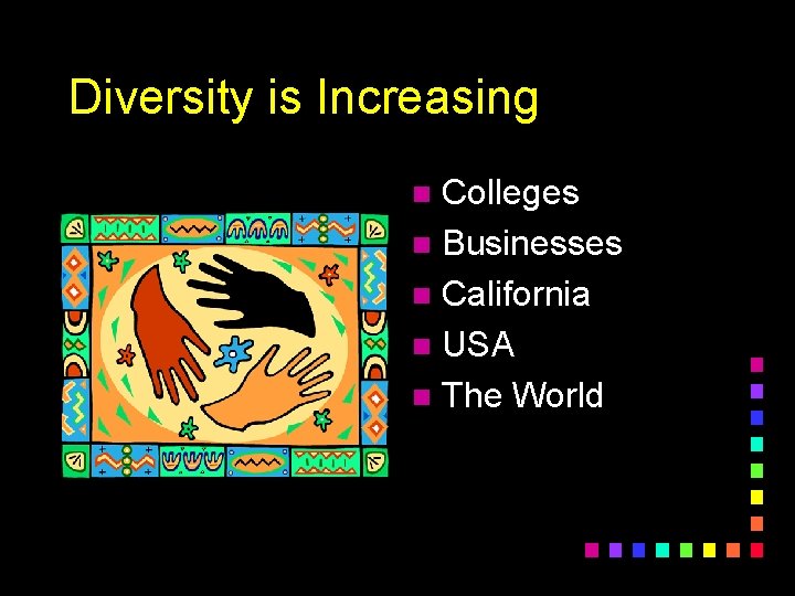 Diversity is Increasing Colleges n Businesses n California n USA n The World n