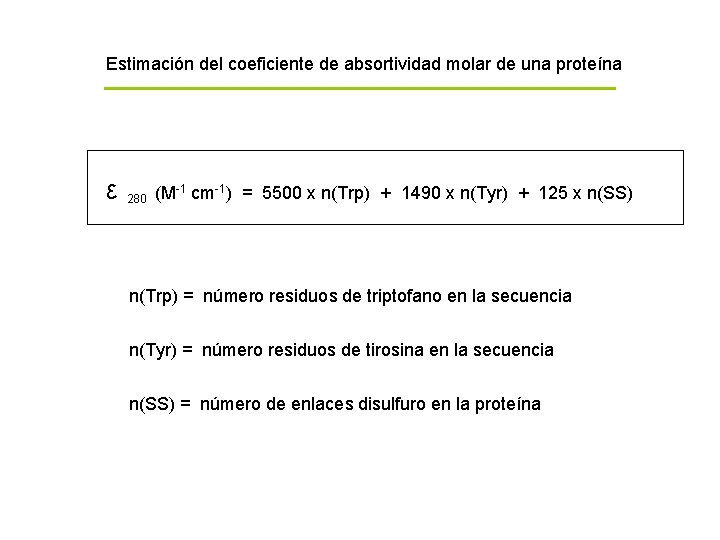 Estimación del coeficiente de absortividad molar de una proteína ε 280 (M-1 cm-1) =