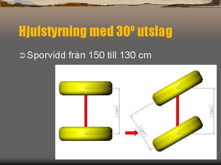 Hjulstyrning med 30º utslag Ü Sporvidd från 150 till 130 cm 