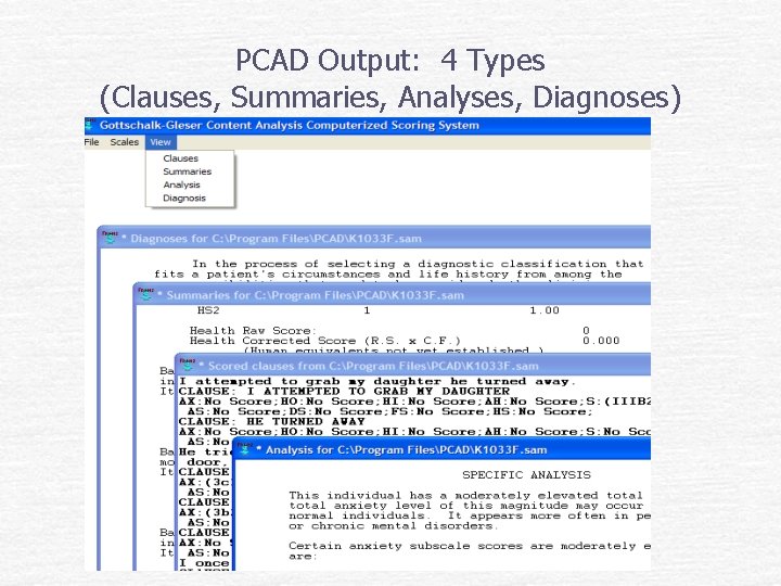 PCAD Output: 4 Types (Clauses, Summaries, Analyses, Diagnoses) 
