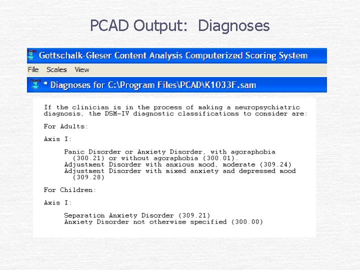 PCAD Output: Diagnoses 