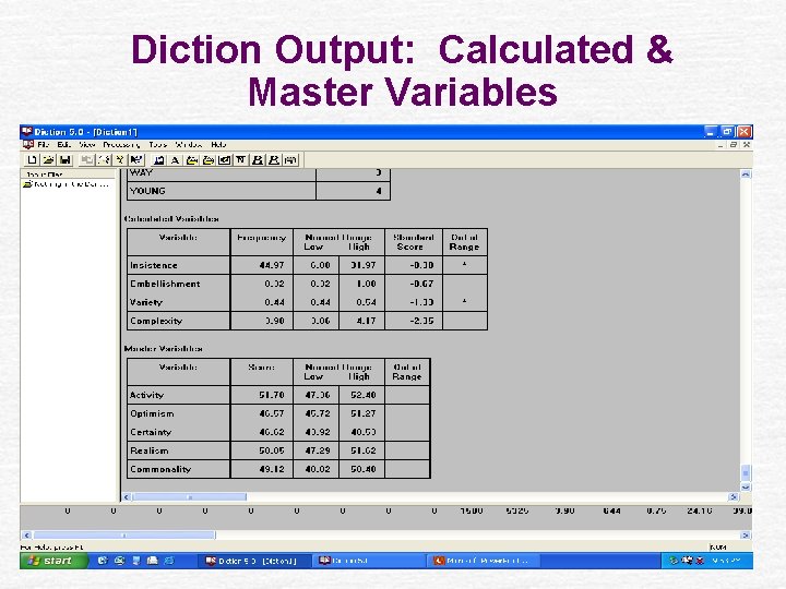 Diction Output: Calculated & Master Variables 