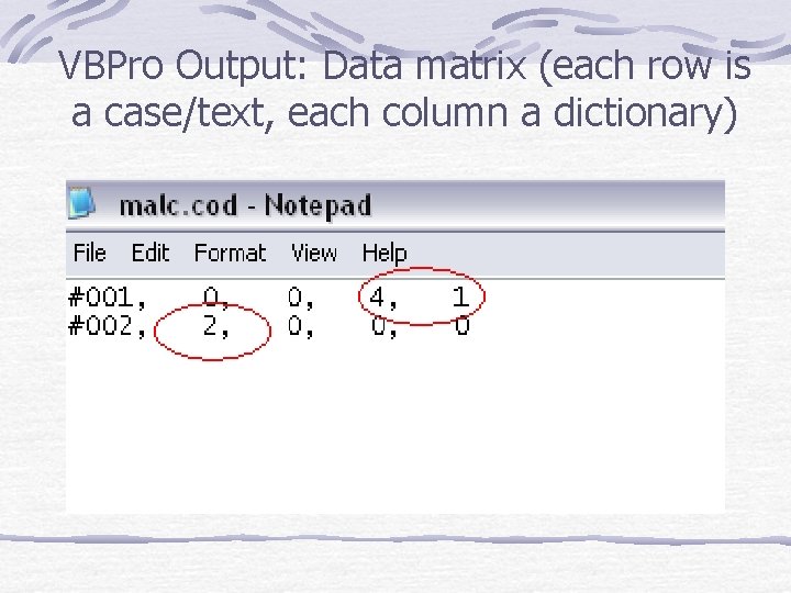 VBPro Output: Data matrix (each row is a case/text, each column a dictionary) 