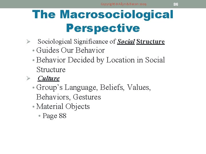 Copyright © Allyn & Bacon 2009 86 The Macrosociological Perspective Ø Sociological Significance of