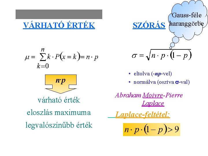 VÁRHATÓ ÉRTÉK n. p várható érték eloszlás maximuma legvalószínűbb érték Gauss-féle SZÓRÁS haranggörbe •