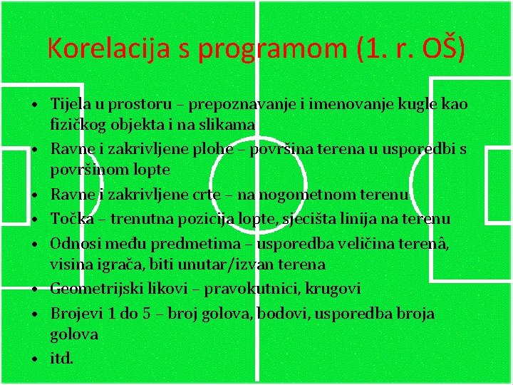 Korelacija s programom (1. r. OŠ) • Tijela u prostoru – prepoznavanje i imenovanje