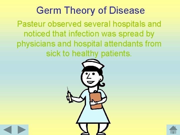 Germ Theory of Disease Pasteur observed several hospitals and noticed that infection was spread