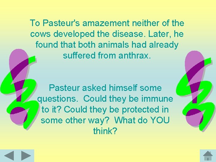 To Pasteur's amazement neither of the cows developed the disease. Later, he found that