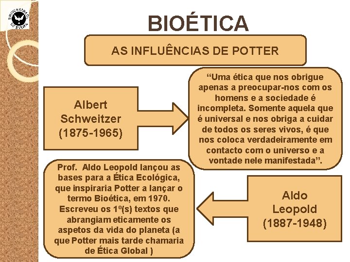 BIOÉTICA AS INFLUÊNCIAS DE POTTER Albert Schweitzer (1875 -1965) Prof. Aldo Leopold lançou as