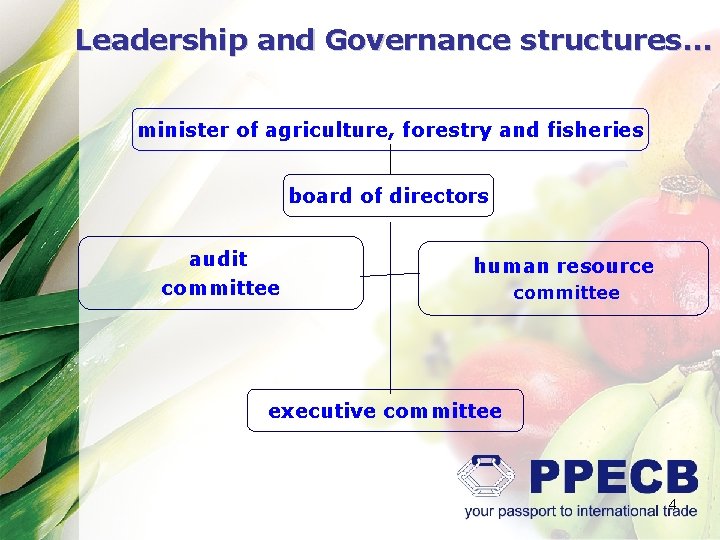 Leadership and Governance structures… minister of agriculture, forestry and fisheries board of directors audit