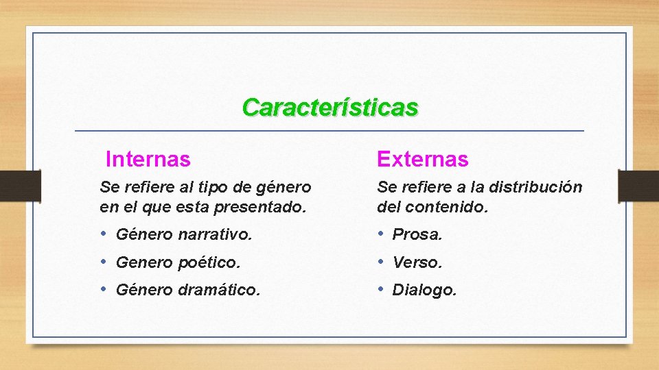 Características Internas Externas Se refiere al tipo de género en el que esta presentado.