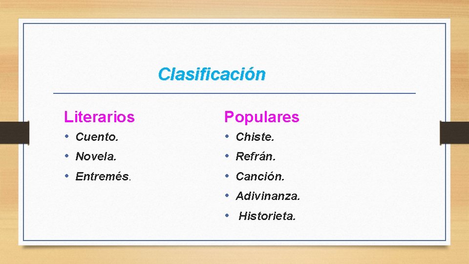 Clasificación Literarios Populares • Cuento. • Novela. • Entremés. • • • Chiste. Refrán.