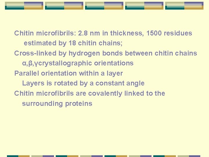Chitin microfibrils: 2. 8 nm in thickness, 1500 residues estimated by 18 chitin chains;