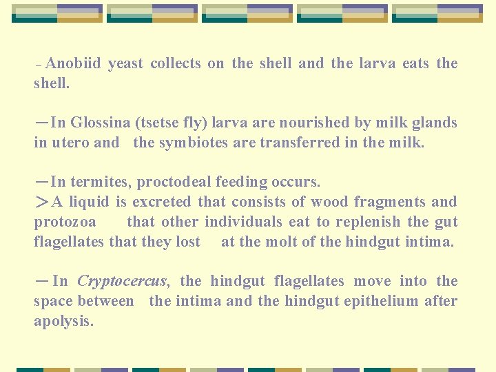 Anobiid yeast collects on the shell and the larva eats the shell. －In Glossina