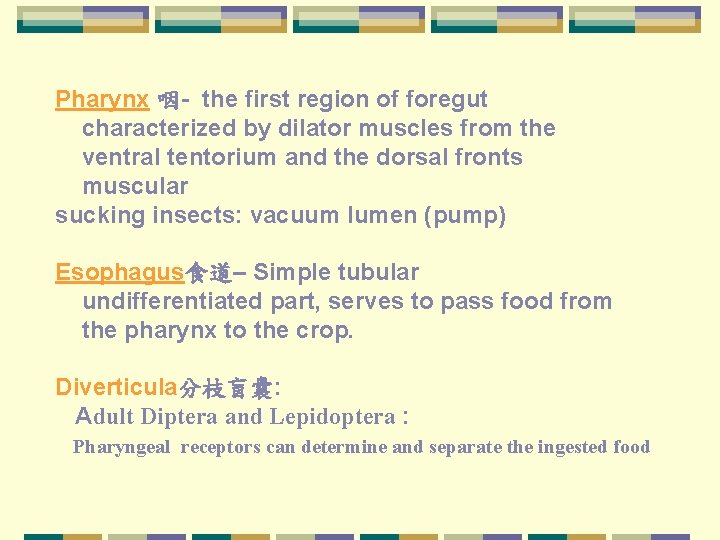 Pharynx 咽- the first region of foregut characterized by dilator muscles from the ventral