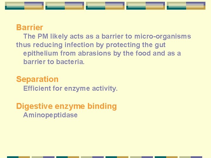 Barrier 　The PM likely acts as a barrier to micro-organisms 　 thus reducing infection