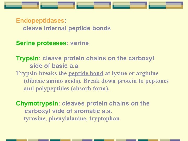 Endopeptidases: cleave internal peptide bonds Serine proteases: serine Trypsin: cleave protein chains on the