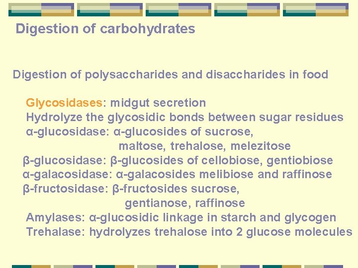 Digestion of carbohydrates Digestion of polysaccharides and disaccharides in food Glycosidases: midgut secretion Hydrolyze