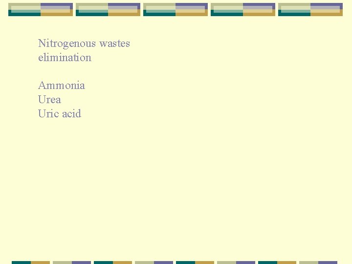 Nitrogenous wastes elimination Ammonia Urea Uric acid 