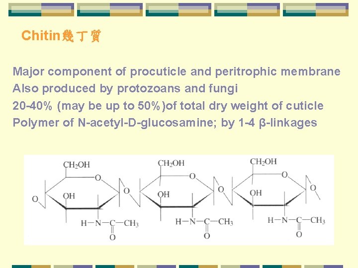 Chitin幾丁質 Major component of procuticle and peritrophic membrane Also produced by protozoans and fungi