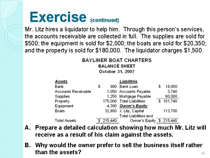 Exercise (continued) Mr. Litz hires a liquidator to help him. Through this person’s services,