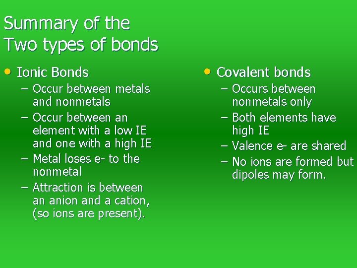 Summary of the Two types of bonds • Ionic Bonds – Occur between metals