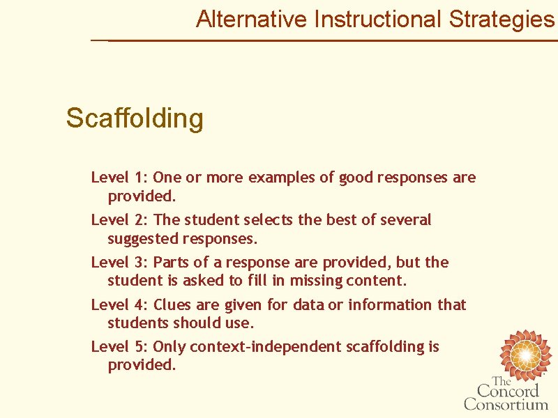 Alternative Instructional Strategies Scaffolding Level 1: One or more examples of good responses are