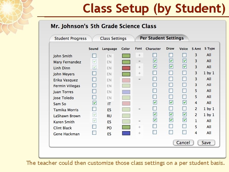Class Setup (by Student) The teacher could then customize those class settings on a