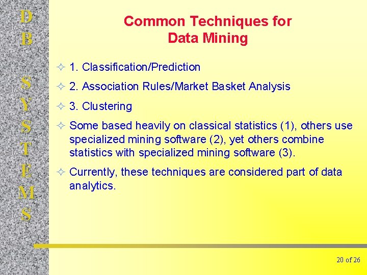 D B S Y S T E M S Common Techniques for Data Mining