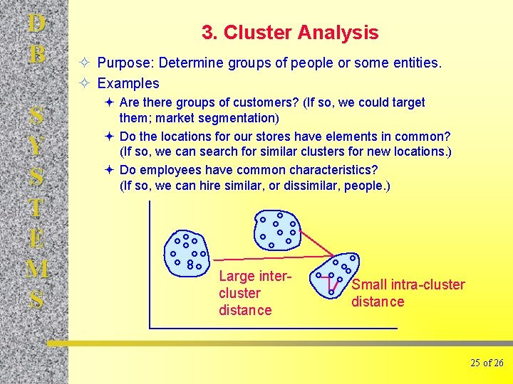 D B S Y S T E M S 3. Cluster Analysis ² Purpose: