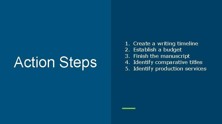 Action Steps 1. 2. 3. 4. 5. Create a writing timeline Establish a budget