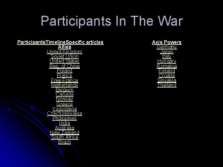 Participants In The War Participants. Timeline. Specific articles Allies United Kingdom Soviet Union United