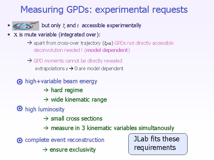 Measuring GPDs: experimental requests • but only and t accessible experimentally • x is