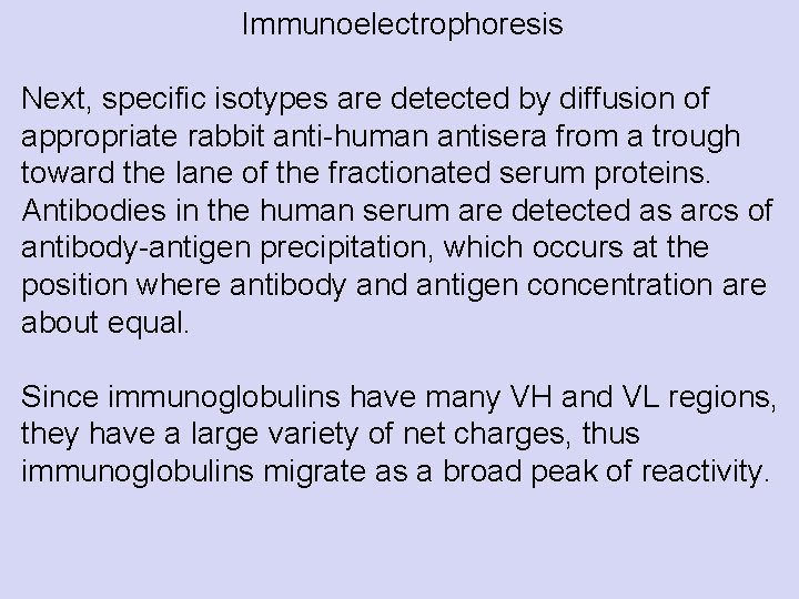  Immunoelectrophoresis Next, specific isotypes are detected by diffusion of appropriate rabbit anti-human antisera