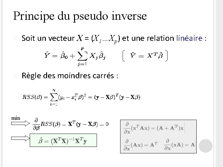 Principe du pseudo inverse n Soit un vecteur X = (X 1…Xp) et une