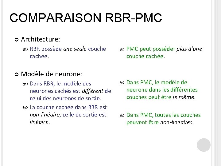 COMPARAISON RBR-PMC Architecture: RBR possède une seule couche cachée. PMC peut posséder plus d’une