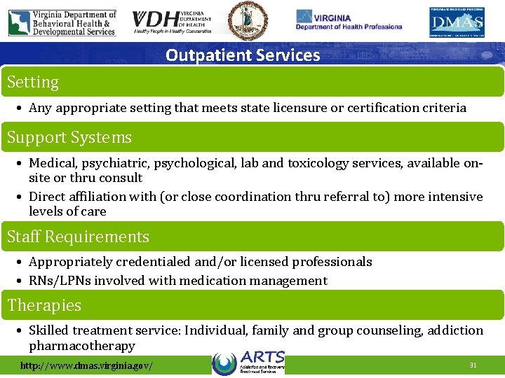 Outpatient Services Setting • Any appropriate setting that meets state licensure or certification criteria