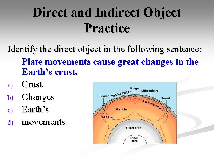 Direct and Indirect Object Practice Identify the direct object in the following sentence: Plate
