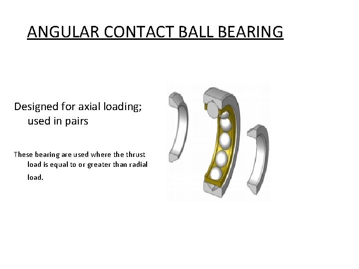 ANGULAR CONTACT BALL BEARING Designed for axial loading; used in pairs These bearing are
