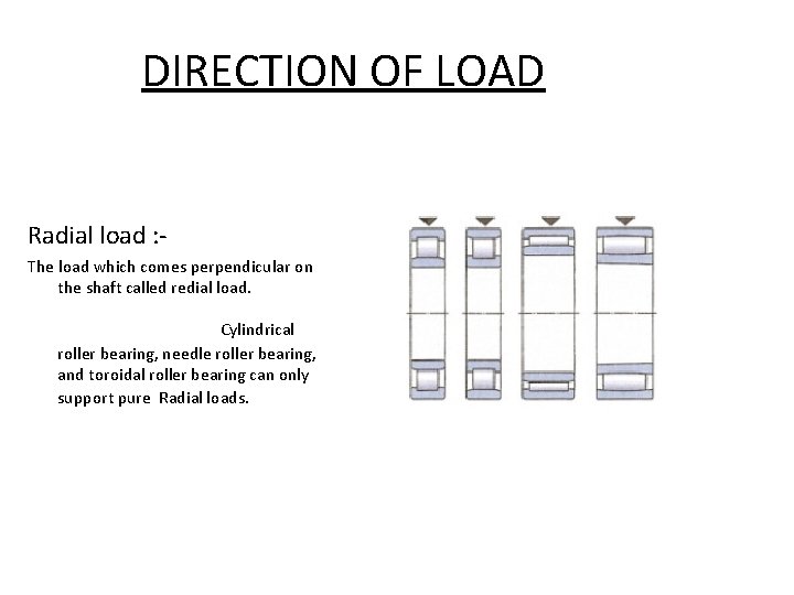 DIRECTION OF LOAD Radial load : The load which comes perpendicular on the shaft