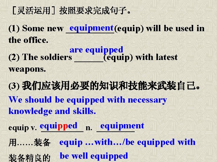 ［灵活运用］按照要求完成句子。 equipment (1) Some new _____(equip) will be used in the office. are equipped