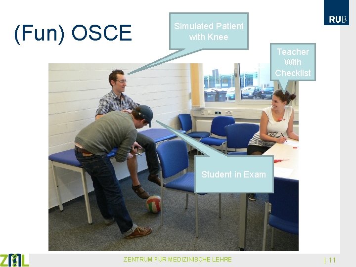 (Fun) OSCE Simulated Patient with Knee Teacher With Checklist Student in Exam ZENTRUM FÜR