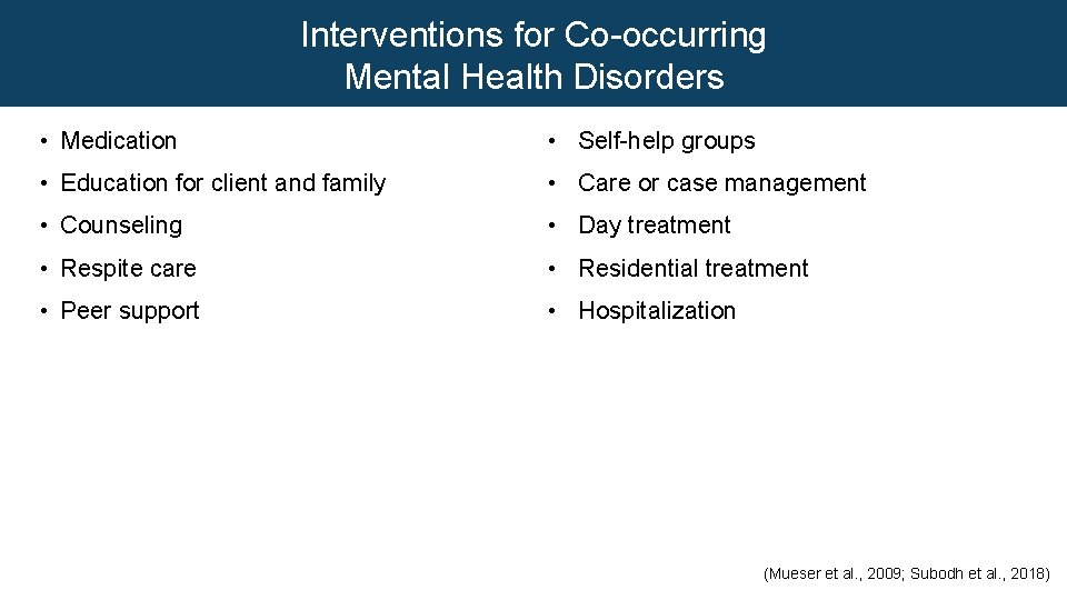 Interventions for Co-occurring Mental Health Disorders • Medication • Self-help groups • Education for