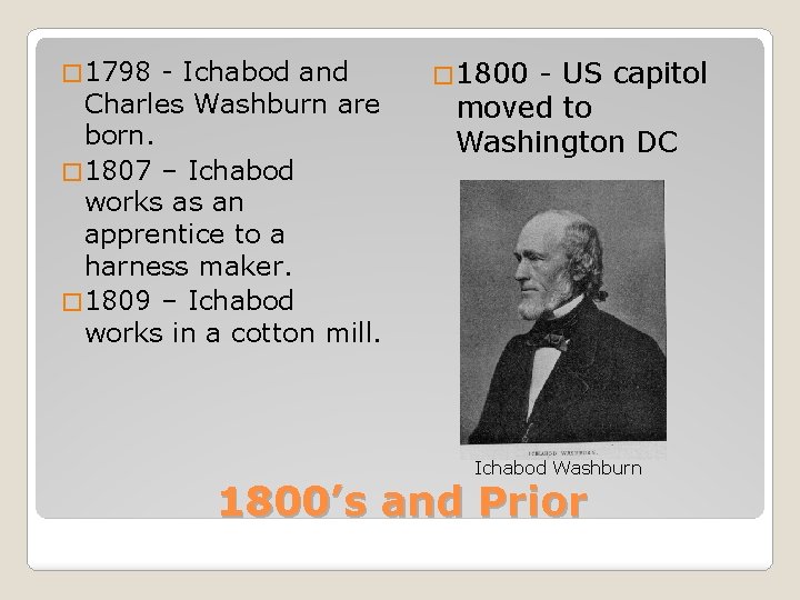 � 1798 - Ichabod and Charles Washburn are born. � 1807 – Ichabod works