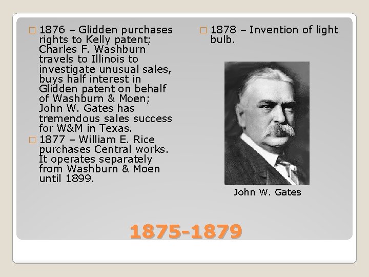 � 1876 – Glidden purchases rights to Kelly patent; Charles F. Washburn travels to