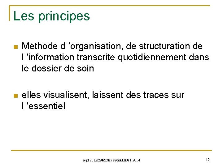 Les principes n Méthode d ’organisation, de structuration de l ’information transcrite quotidiennement dans