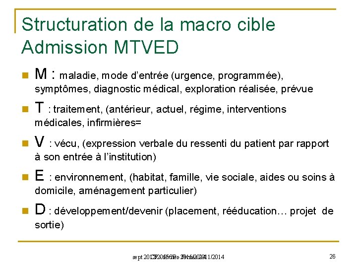 Structuration de la macro cible Admission MTVED n M : maladie, mode d’entrée (urgence,