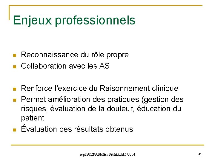 Enjeux professionnels n n n Reconnaissance du rôle propre Collaboration avec les AS Renforce